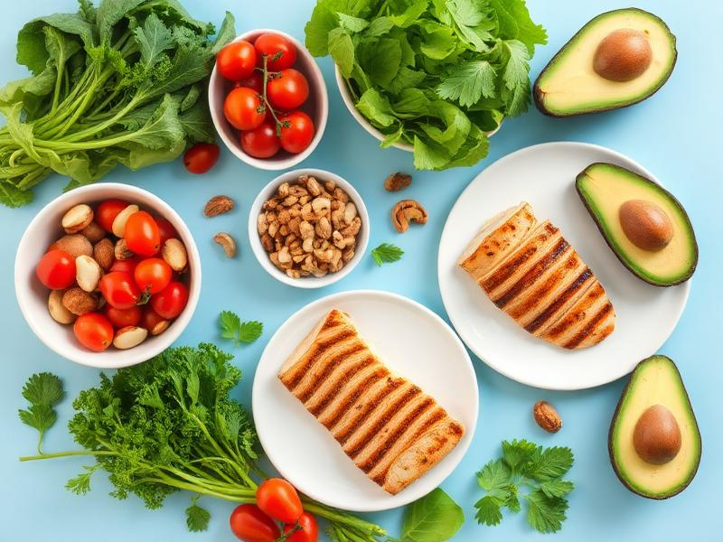 Healthy balanced meal with fresh vegetables, lean protein and nuts representing PainFix diet and nutrition plans in Multan